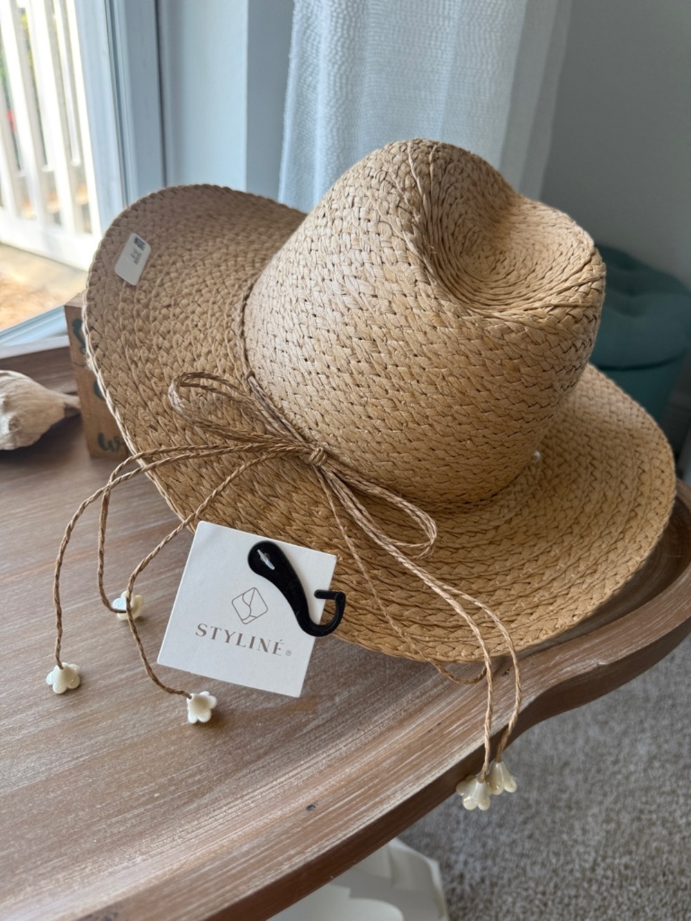 Straw Wide-Brim Beach Hat with Pearl Trim - Picture 4 of 9